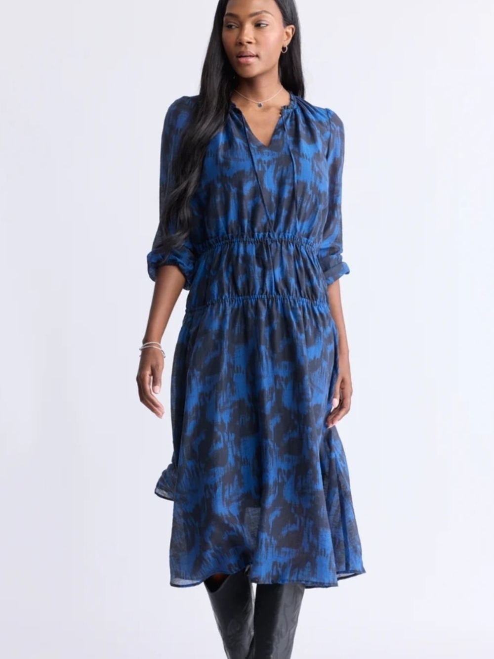 NWT Medium Virlen Long Sleeve Tie-neck Printed Midi Dress, Navy Boho Cottagecore